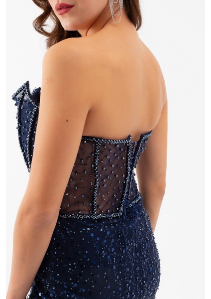 Kadın Lacivert Straplez Taşlı Balık Abiye Elbise indirimleri