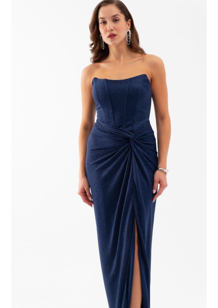 Kadın Lacivert Straplez Simli Örme Abiye Elbise modelleri