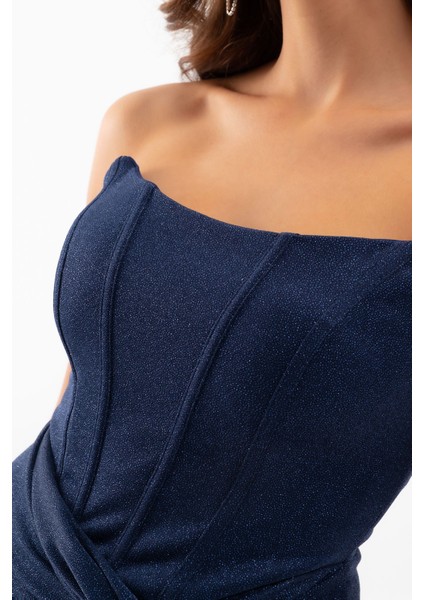 Kadın Lacivert Straplez Simli Örme Abiye Elbise indirimleri