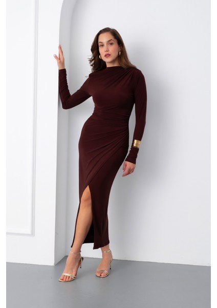 Kadın Kahverengi Uzun Kol Drapeli Uzun Elbise