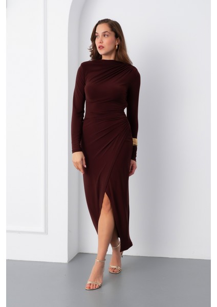 Kadın Kahverengi Uzun Kol Drapeli Uzun Elbise fiyatları