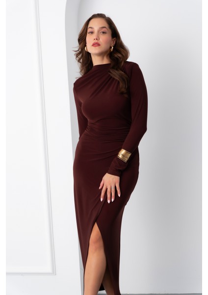 Kadın Kahverengi Uzun Kol Drapeli Uzun Elbise modelleri