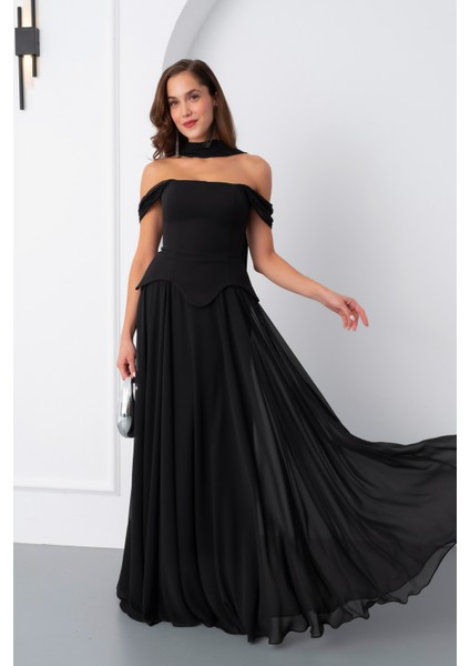 Kadın Siyah Şal Yaka Straplez Söz Nişan Abiye Elbise