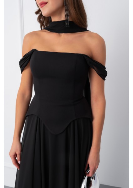 Kadın Siyah Şal Yaka Straplez Söz Nişan Abiye Elbise fırsatları