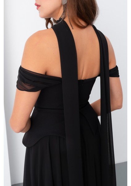 Kadın Siyah Şal Yaka Straplez Söz Nişan Abiye Elbise indirimleri