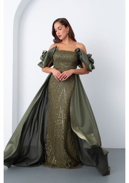 Kadın Haki Kayık Yaka Saten Kuyruklu Uzun Boncuklu Abiye