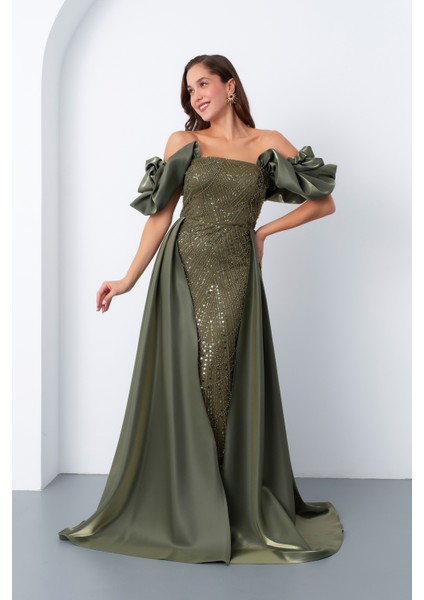 Kadın Haki Kayık Yaka Saten Kuyruklu Uzun Boncuklu Abiye fiyatları