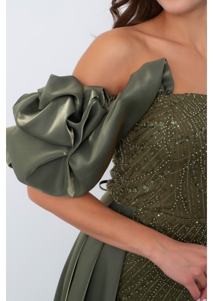 Kadın Haki Kayık Yaka Saten Kuyruklu Uzun Boncuklu Abiye fırsatları