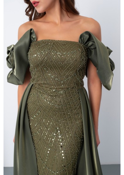 Kadın Haki Kayık Yaka Saten Kuyruklu Uzun Boncuklu Abiye indirimleri