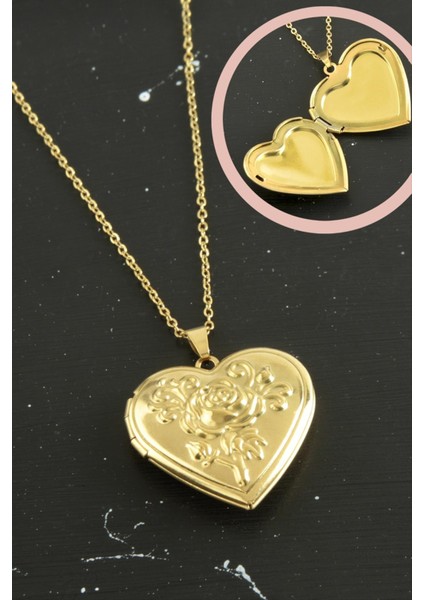 Allzey Gül Işlemeli Kalp Kapaklı Çelik Kolye-Sarı