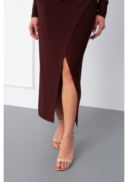 Kadın Kahverengi Uzun Kol Drapeli Uzun Elbise indirimleri