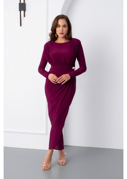 Kadın Mürdüm Büzgü Detay Kruvaze Midi Elbise