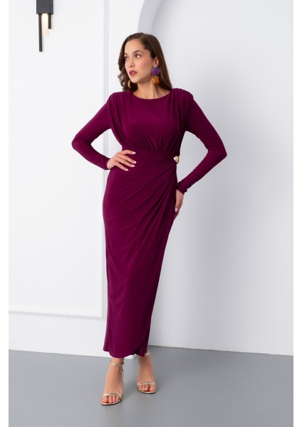 Kadın Mürdüm Büzgü Detay Kruvaze Midi Elbise fiyatları