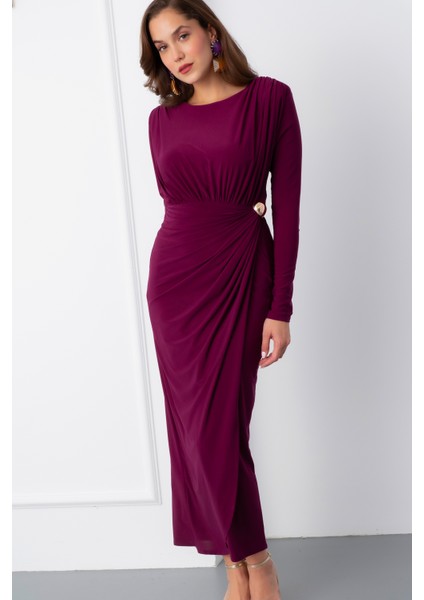 Kadın Mürdüm Büzgü Detay Kruvaze Midi Elbise modelleri