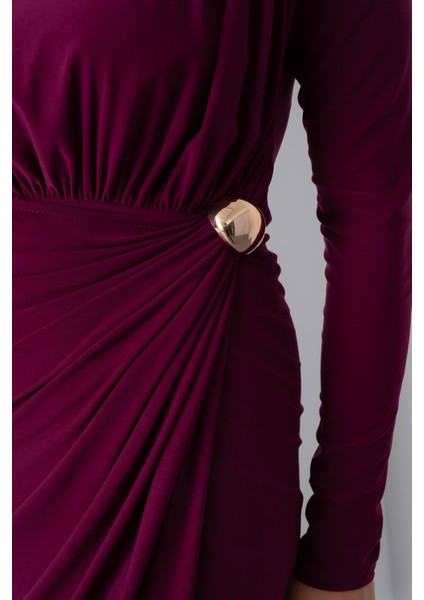 Kadın Mürdüm Büzgü Detay Kruvaze Midi Elbise fırsatları