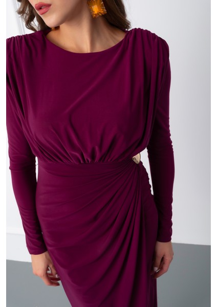 Kadın Mürdüm Büzgü Detay Kruvaze Midi Elbise indirimleri