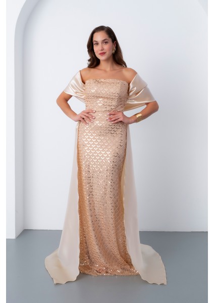 Kadın Bej Straplez Boncuklu Saten Kuyruklu Uzun Abiye fiyatları