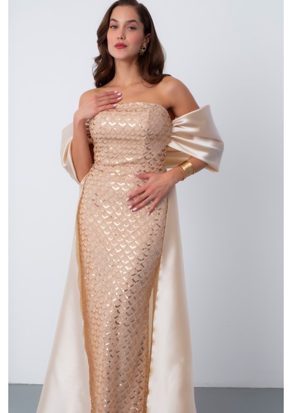 Kadın Bej Straplez Boncuklu Saten Kuyruklu Uzun Abiye modelleri