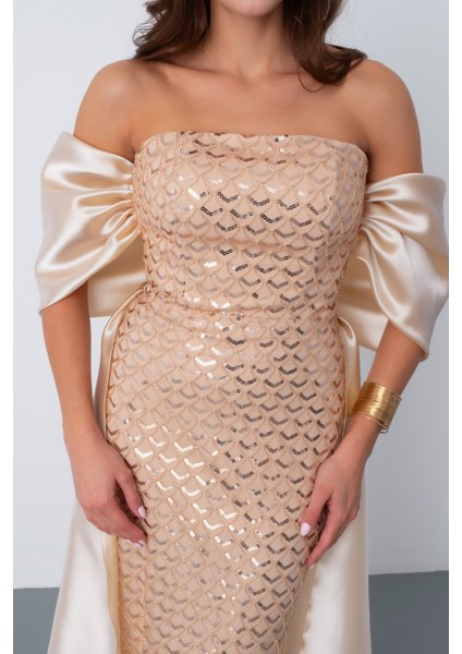 Kadın Bej Straplez Boncuklu Saten Kuyruklu Uzun Abiye indirimleri