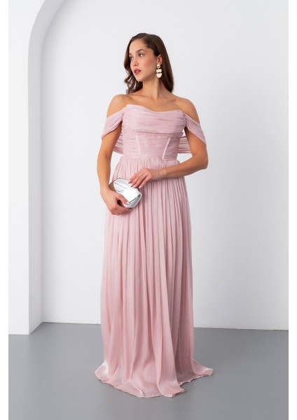 Kadın Pudra Kayık Yaka Uzun Abiye Elbise