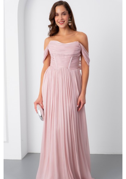 Kadın Pudra Kayık Yaka Uzun Abiye Elbise fiyatları