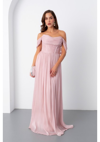 Kadın Pudra Kayık Yaka Uzun Abiye Elbise modelleri