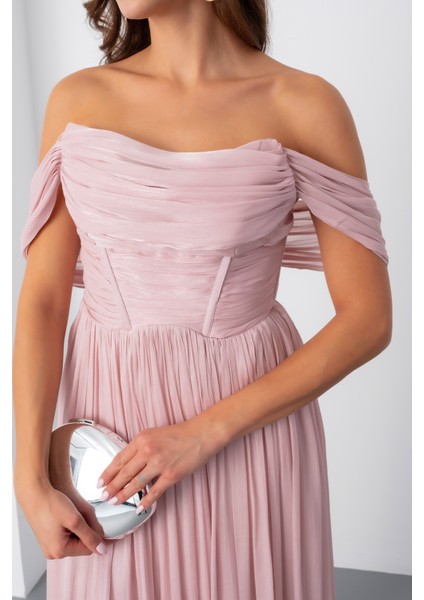 Kadın Pudra Kayık Yaka Uzun Abiye Elbise fırsatları