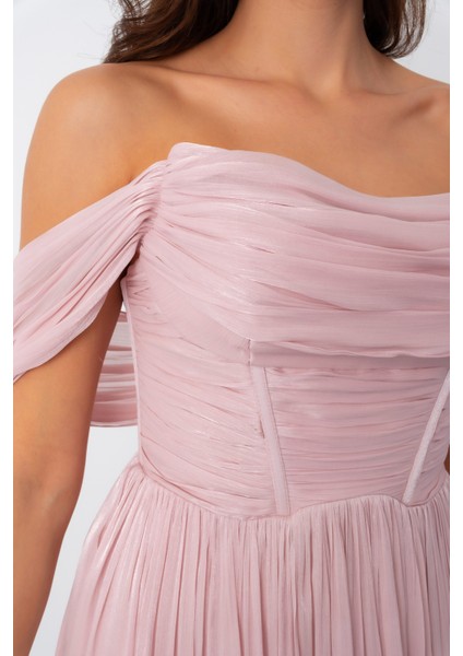 Kadın Pudra Kayık Yaka Uzun Abiye Elbise indirimleri