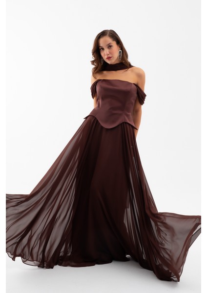 Kadın Kahverengi Şal Yaka Straplez Söz Nişan Abiye Elbise