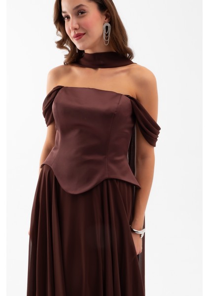 Kadın Kahverengi Şal Yaka Straplez Söz Nişan Abiye Elbise fiyatları