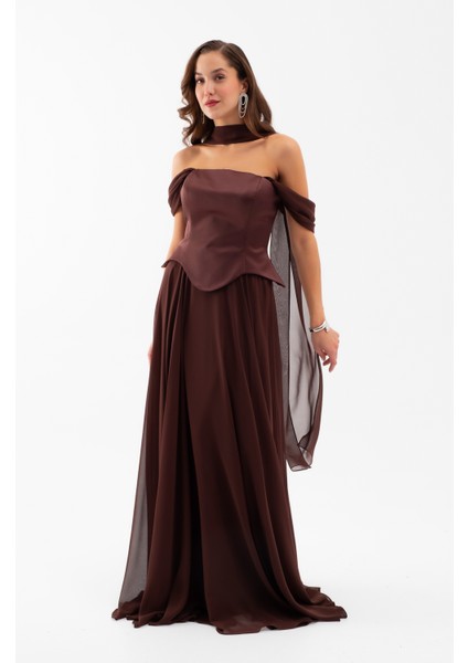 Kadın Kahverengi Şal Yaka Straplez Söz Nişan Abiye Elbise modelleri