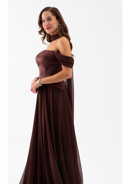 Kadın Kahverengi Şal Yaka Straplez Söz Nişan Abiye Elbise fırsatları