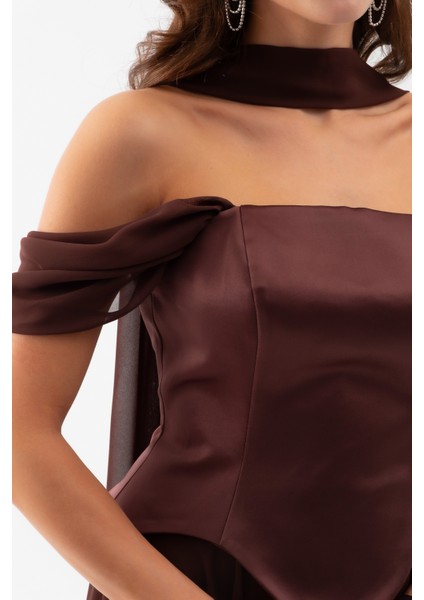 Kadın Kahverengi Şal Yaka Straplez Söz Nişan Abiye Elbise indirimleri