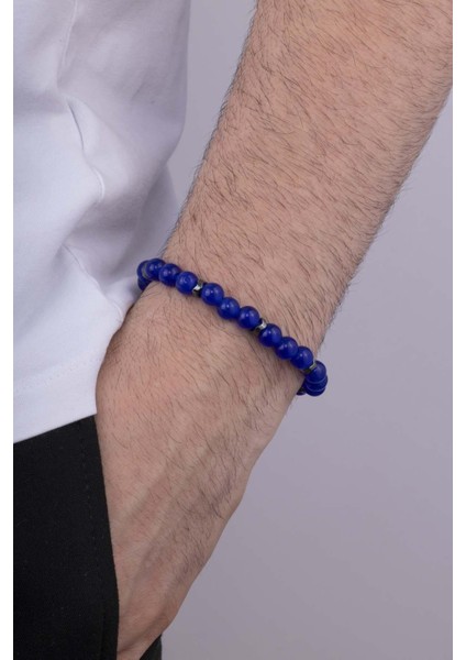 Yuvarlak Kesim Mavi Akik Doğal Taş Erkek Bileklik