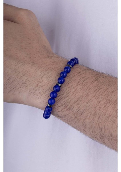 Yuvarlak Kesim Mavi Akik Doğal Taş Erkek Bileklik modelleri