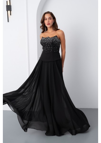 Kadın Siyah Straplez Taşlı Uzun Tül Abiye Elbise