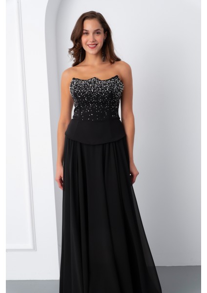 Kadın Siyah Straplez Taşlı Uzun Tül Abiye Elbise modelleri