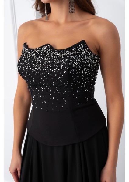 Kadın Siyah Straplez Taşlı Uzun Tül Abiye Elbise fırsatları