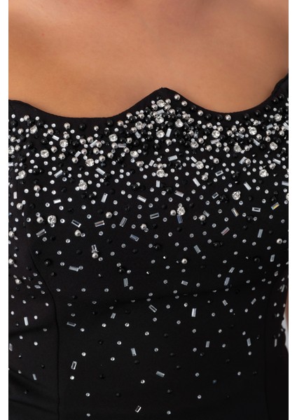 Kadın Siyah Straplez Taşlı Uzun Tül Abiye Elbise indirimleri