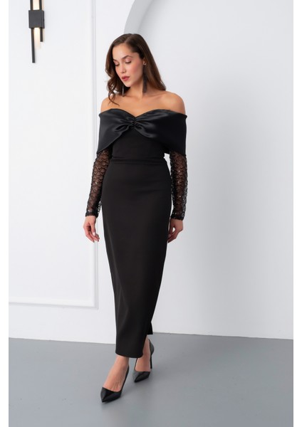 Kadın Siyah Kol Detaylı Fiyonklu Söz Nişan Nikah Abiye Elbise