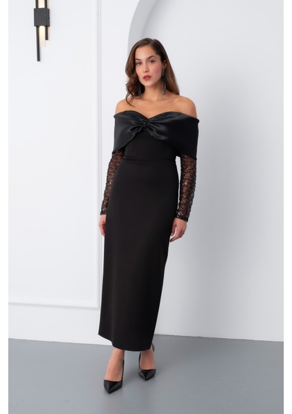 Kadın Siyah Kol Detaylı Fiyonklu Söz Nişan Nikah Abiye Elbise fiyatları