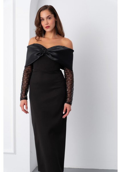 Kadın Siyah Kol Detaylı Fiyonklu Söz Nişan Nikah Abiye Elbise modelleri