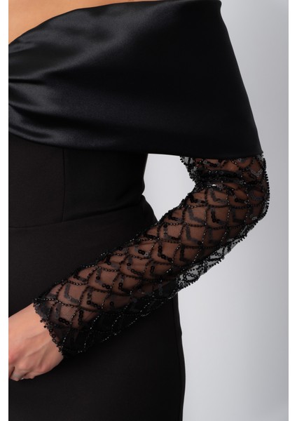 Kadın Siyah Kol Detaylı Fiyonklu Söz Nişan Nikah Abiye Elbise fırsatları