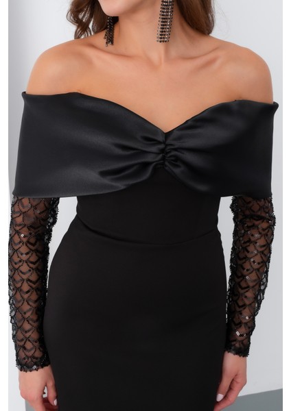 Kadın Siyah Kol Detaylı Fiyonklu Söz Nişan Nikah Abiye Elbise indirimleri