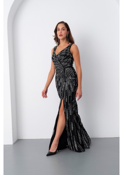 Kadın Siyah Kolsuz V Yaka Yırtmaçlı Uzun Taşlı Balık Abiye fiyatları