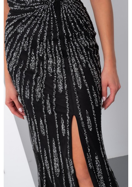 Kadın Siyah Kolsuz V Yaka Yırtmaçlı Uzun Taşlı Balık Abiye indirimleri