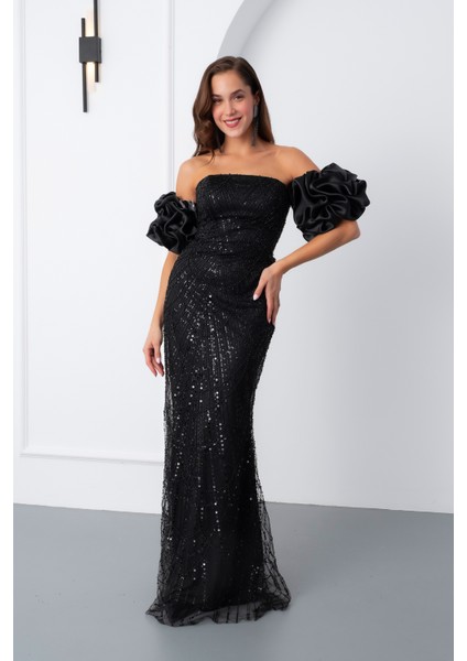 Kadın Siyah Kol Detay Boncuklu Uzun Abiye Elbise