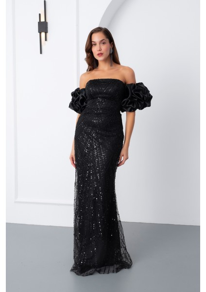 Kadın Siyah Kol Detay Boncuklu Uzun Abiye Elbise fiyatları