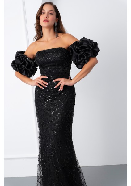 Kadın Siyah Kol Detay Boncuklu Uzun Abiye Elbise modelleri