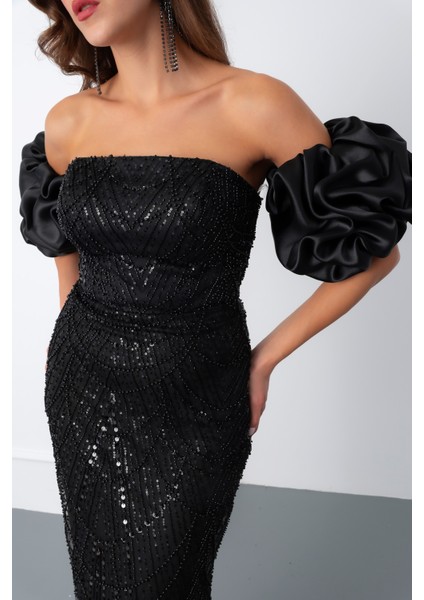 Kadın Siyah Kol Detay Boncuklu Uzun Abiye Elbise fırsatları
